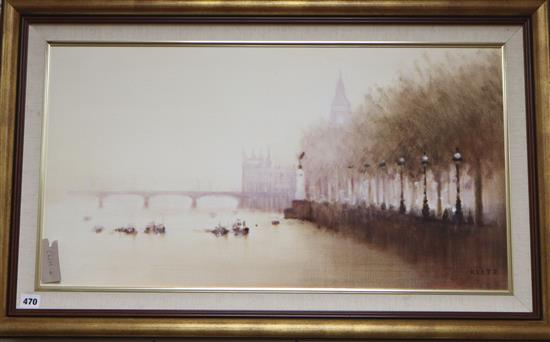 Raymond Klitz, oil on canvas, Westminster Palace from The Thames, signed, 40 x 75cm